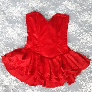 M 25"-28" Steel Boned Top Drawer Red Satin corset ruffled mini strapless  dress